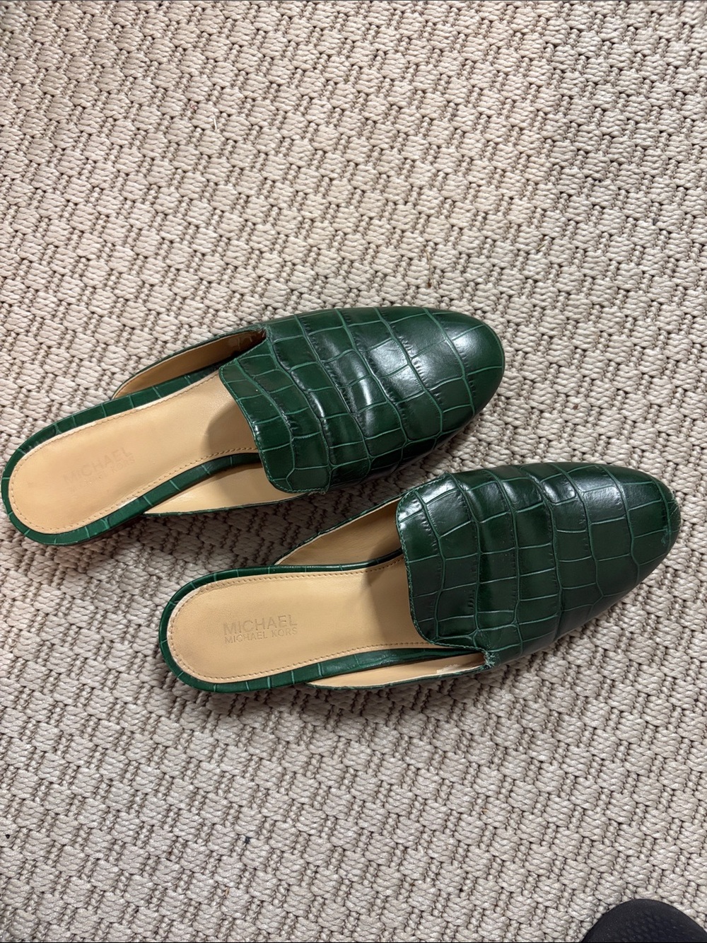 MICHAEL Michael Kors Dark Green Croc-Embossed Leather Slip-On Mules